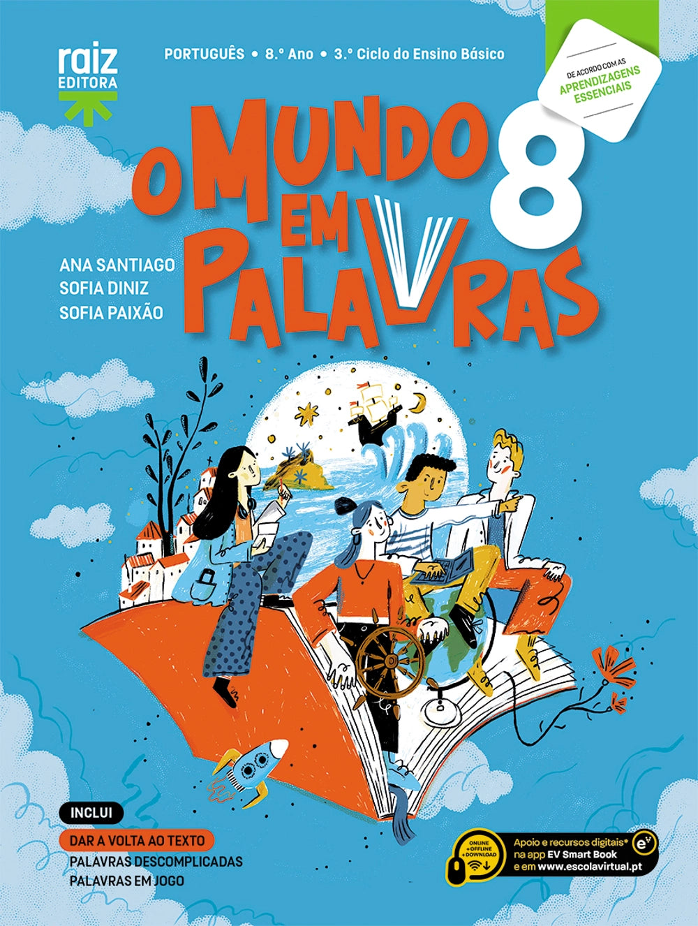 Manual escolar O Mundo em Palavras 8, capa azul com título e ilustração de alunos.