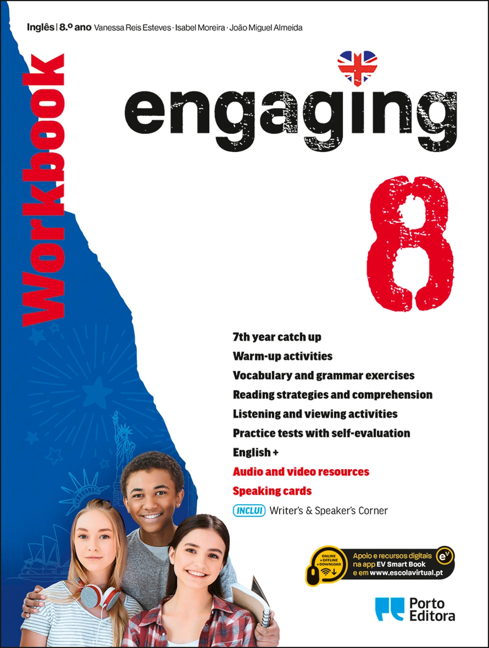 Caderno de atividades de Inglês do 8.º ano, capa com título Engaging e três alunos