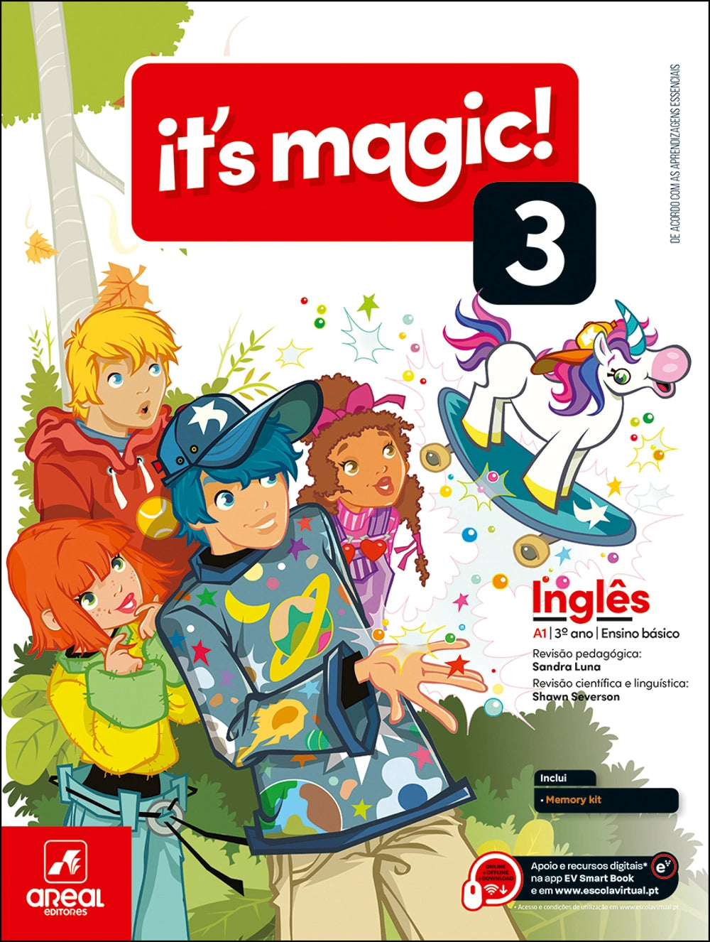 Livro didático Inglês 'It's magic!' 3, capa com personagens e unicórnio