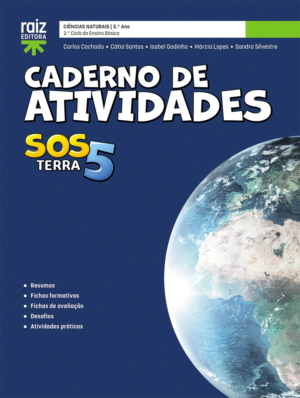 Caderno de atividades de Ciências Naturais 5.º ano, capa azul com imagem da Terra