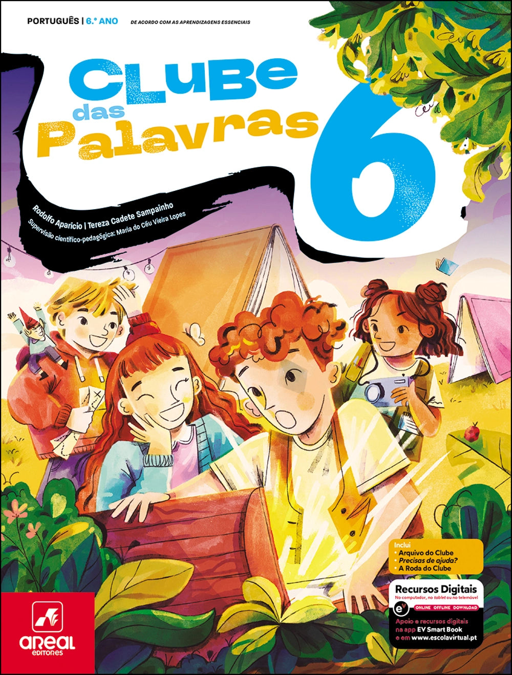 Manual escolar Clube das Palavras 6 de Português, capa com crianças na selva