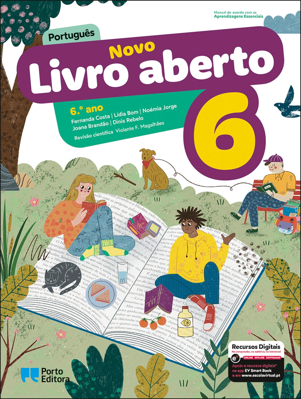 Manual escolar de Português do 6.º ano, capa com livro aberto e ilustração infantil.
