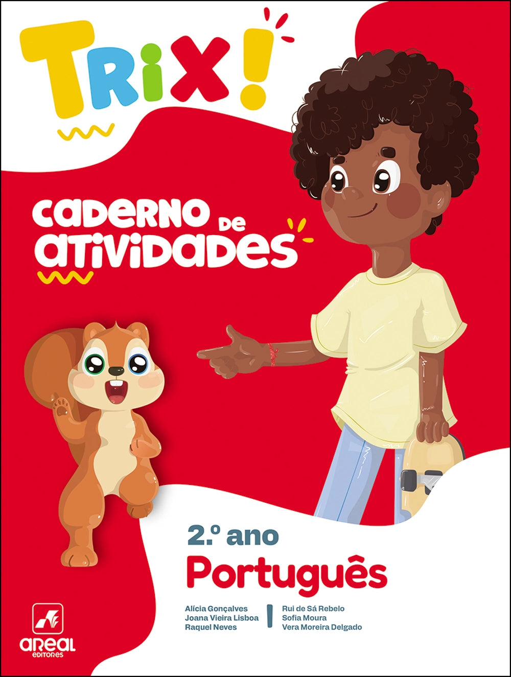 Caderno de atividades TRIX Português 2.º ano, capa com menina e esquilo