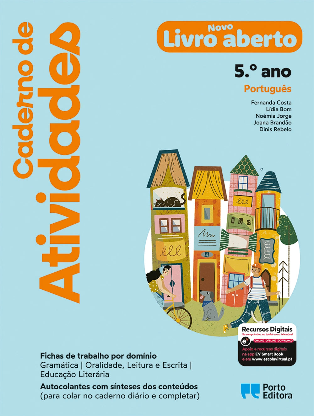 Caderno de atividades Novo Livro Aberto, Português, 5.º ano, capa com casas ilustradas