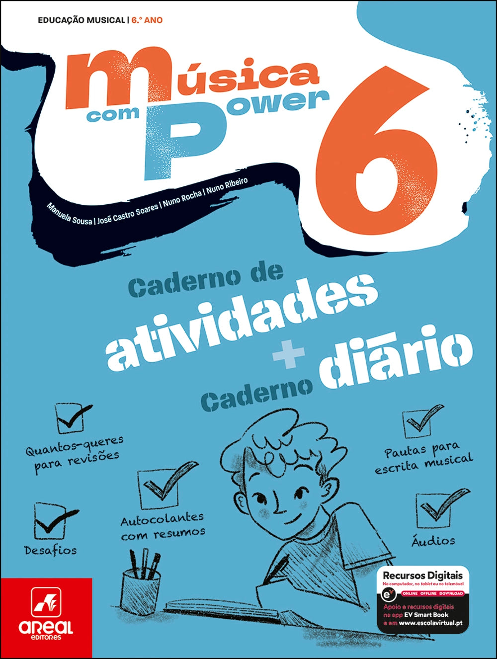 Caderno de atividades de música Power 6, capa azul com ilustração e "diário"
