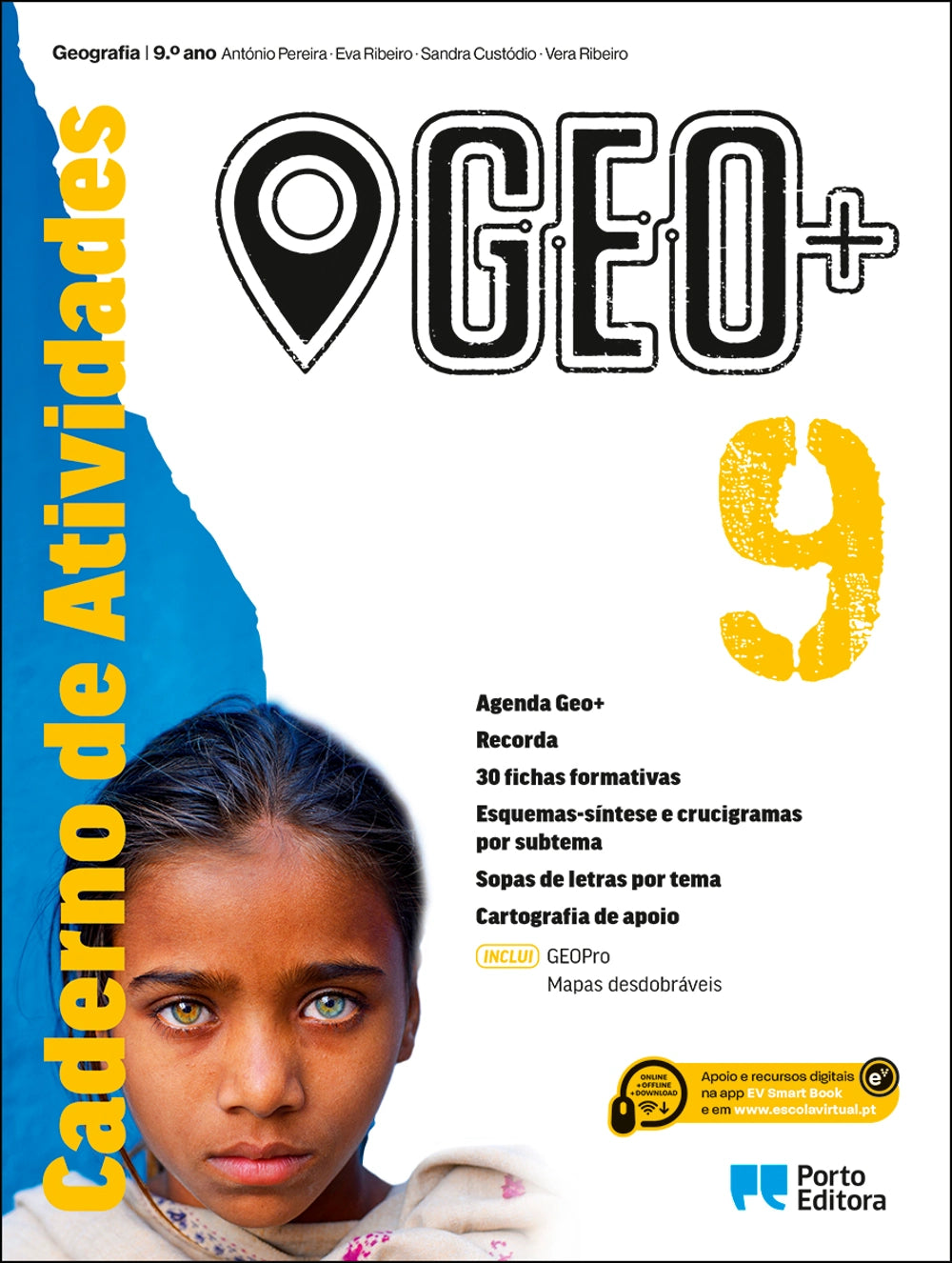 Caderno de atividades GEO+ de Geografia do 9.º ano, capa com rosto de aluna e logótipo GEO+.