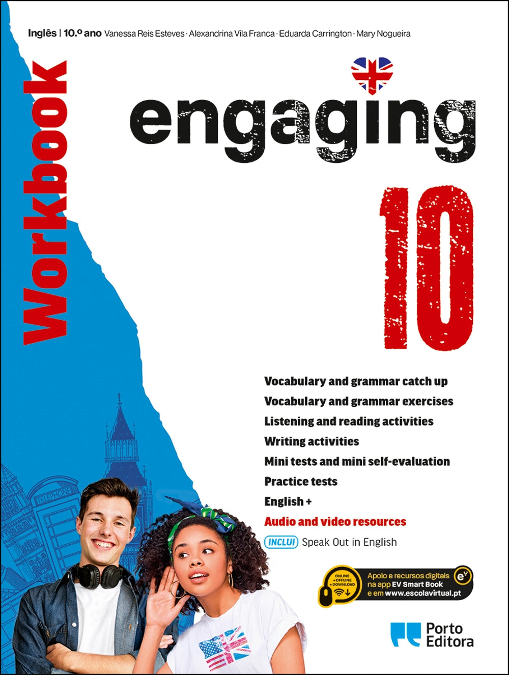 Caderno de atividades de inglês 10.º ano, capa com «engaging 10» e dois jovens
