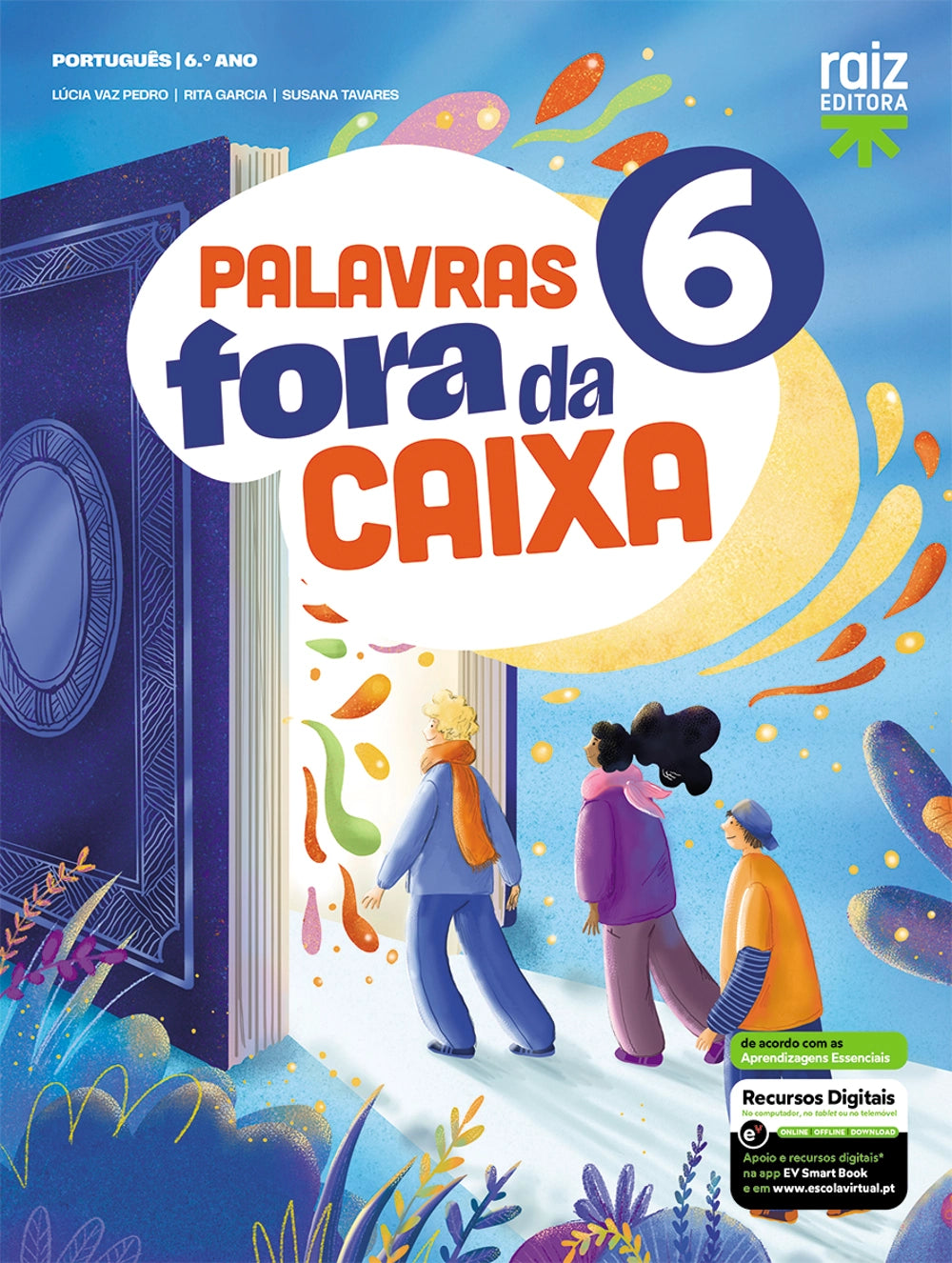 Manual escolar Palavras fora da Caixa 6, capa com três alunos e livro aberto.