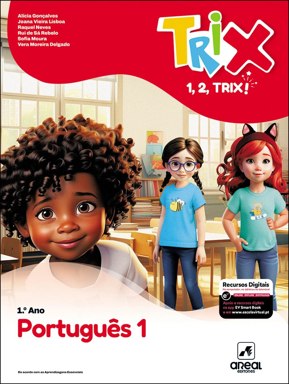 Capa do manual escolar TRIX Português 1.º ano, com crianças ilustradas e logótipo.