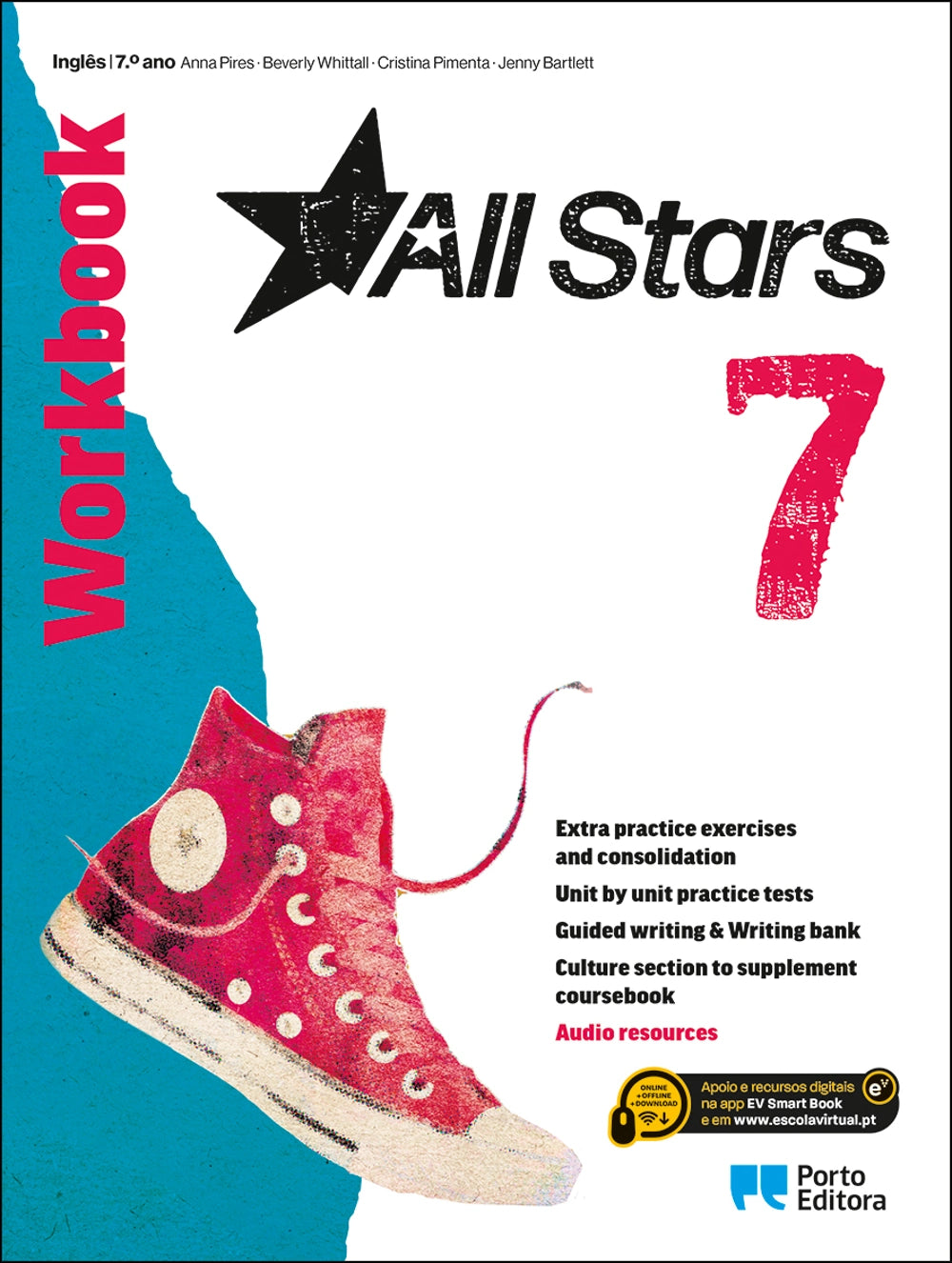 Capa de caderno de exercícios All Stars 7.º ano, com ténis vermelho e logótipo.