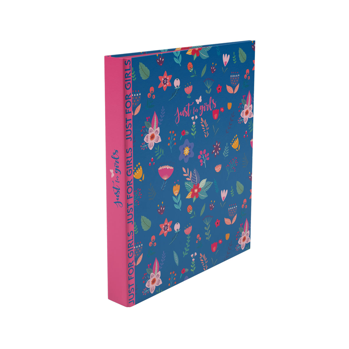 Capa A4 com 2 argolas e lombada estreita, azul com flores e corações, Just4Girls
