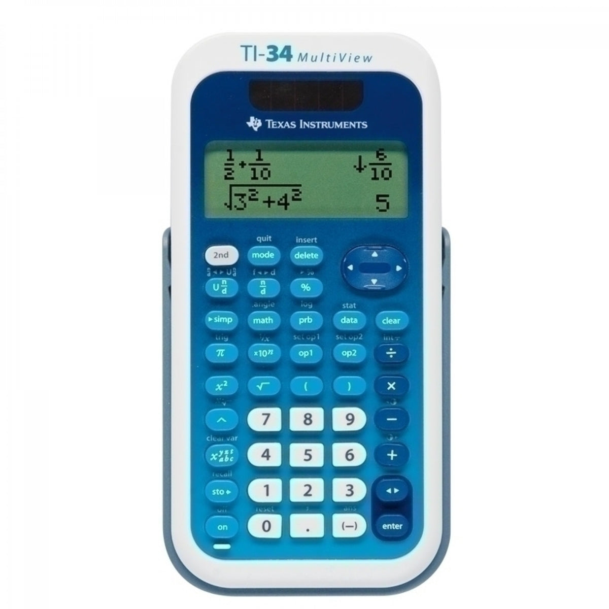 Calculadora científica Texas Instruments TI-34 MultiView azul e branca, ecrã LCD e teclado numérico