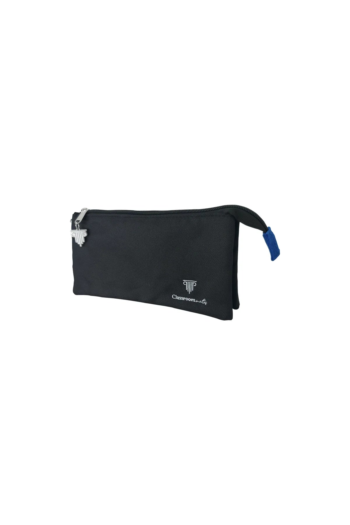 Bolsa retangular tripla preta com fecho de correr e alça azul lateral