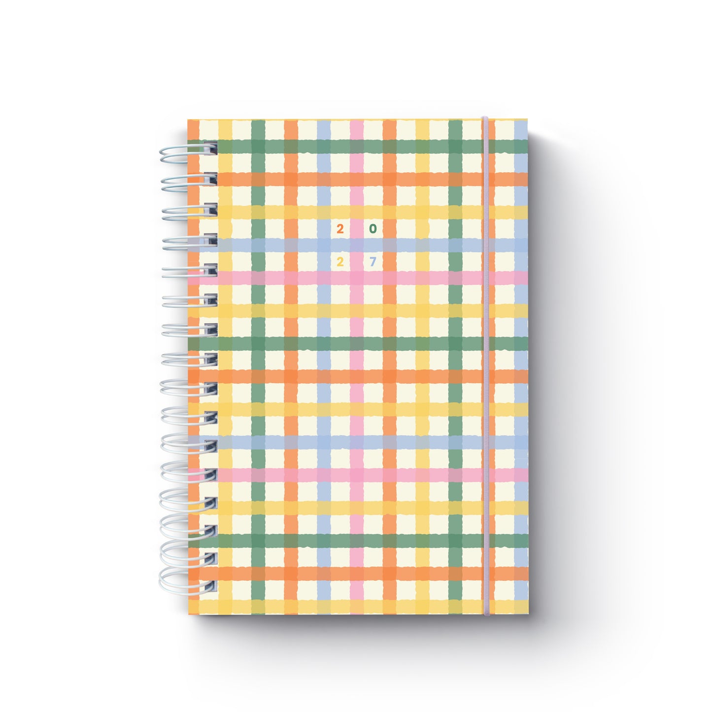Agenda diária de 2027 Mosa com padrão axadrezado colorido em tons de amarelo, laranja, verde, azul e rosa, encadernação em espiral branca e fecho elástico lilás, sobre um fundo neutro.