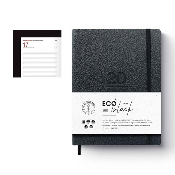 Agenda diária preta com capa texturada, número 20, marcador e páginas internas visíveis.