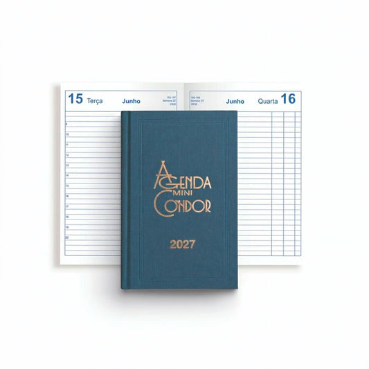 Agenda mini Condor 2027 azul-escura com logótipo dourado na capa.