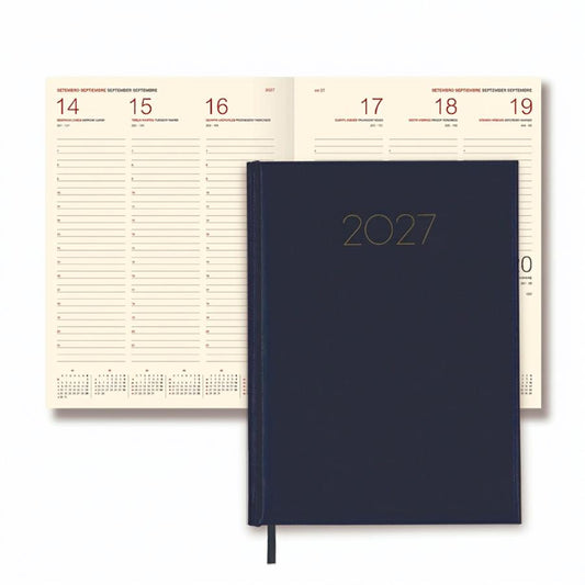 Agenda 2027 azul com capa “2027”, marcador de fita e páginas semanais visíveis