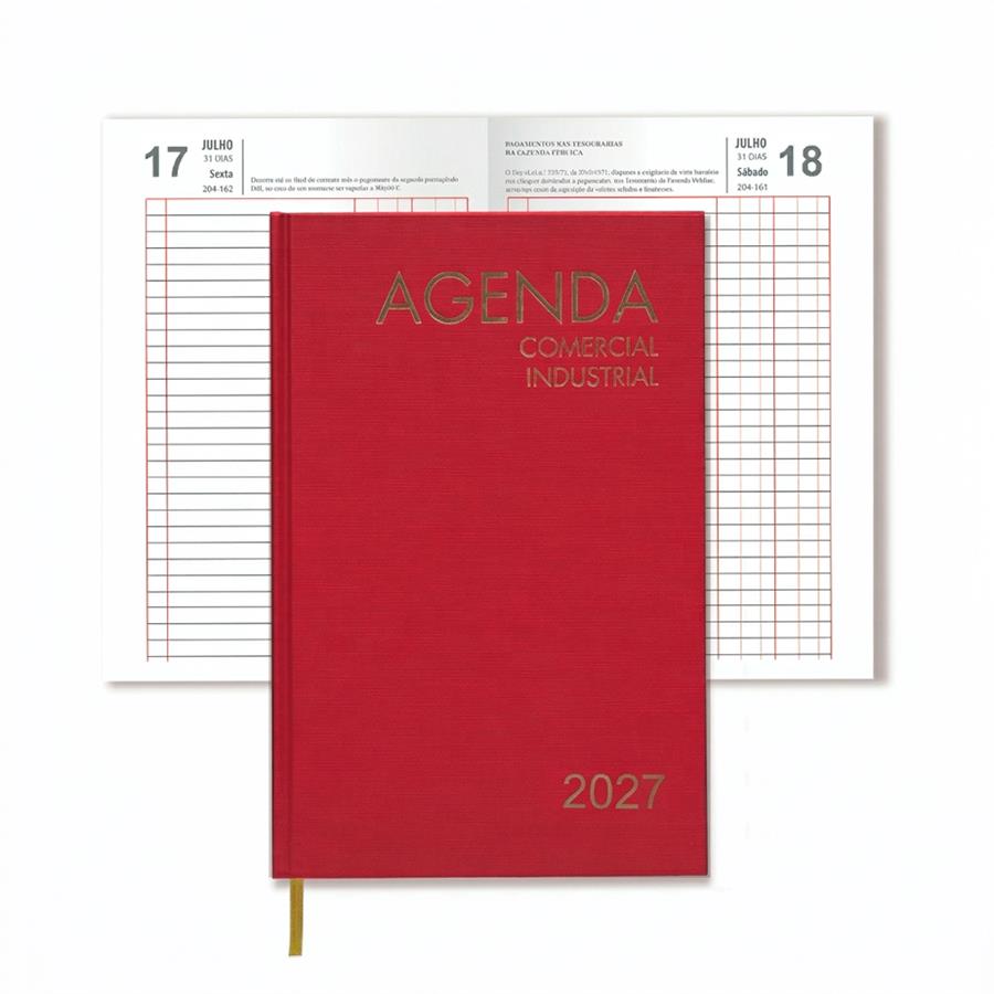 Agenda comercial e industrial 2027 tinto, com marcador e texto dourado na capa