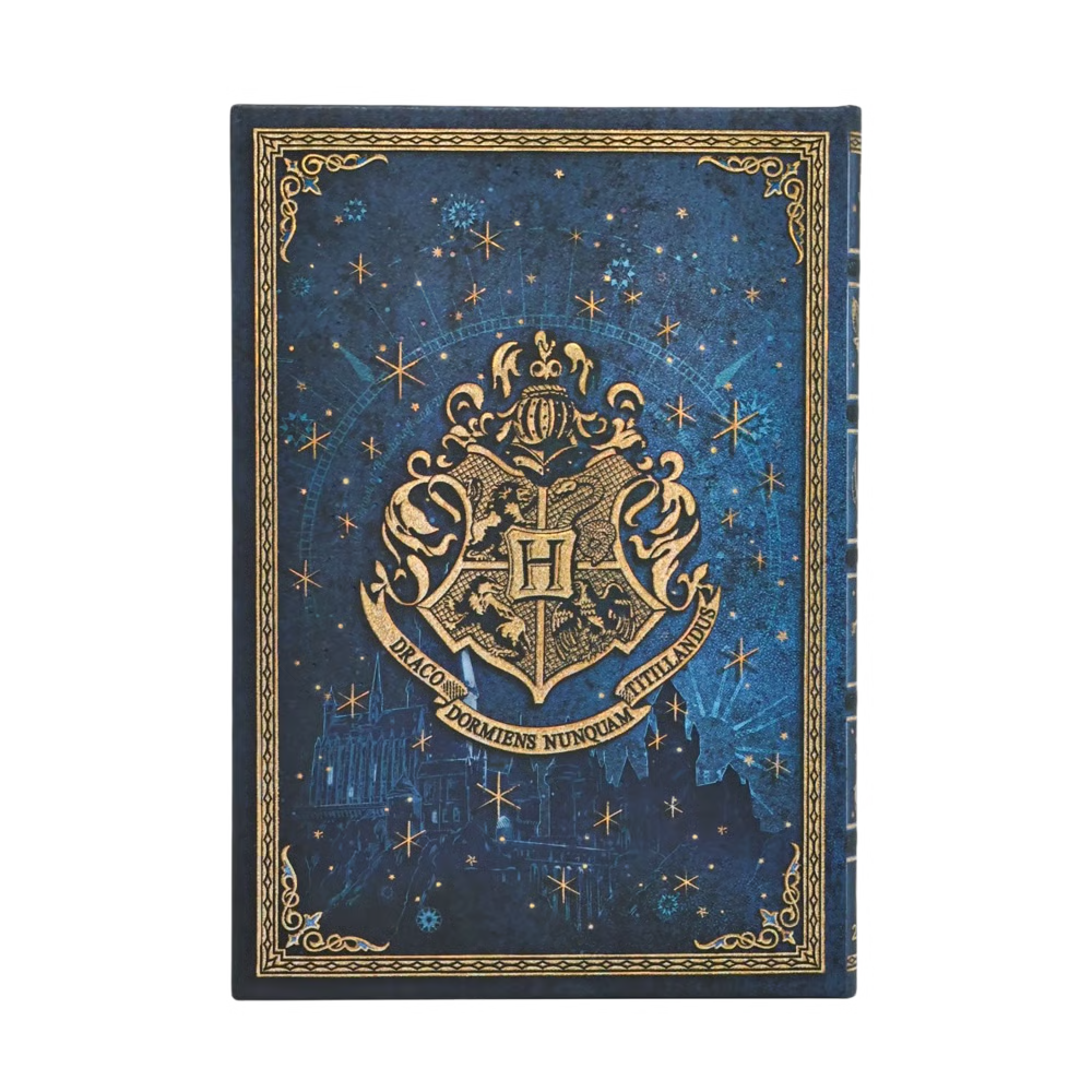 Agenda 2027 Harry Potter: capa azul-escura com brasão dourado e estrelas