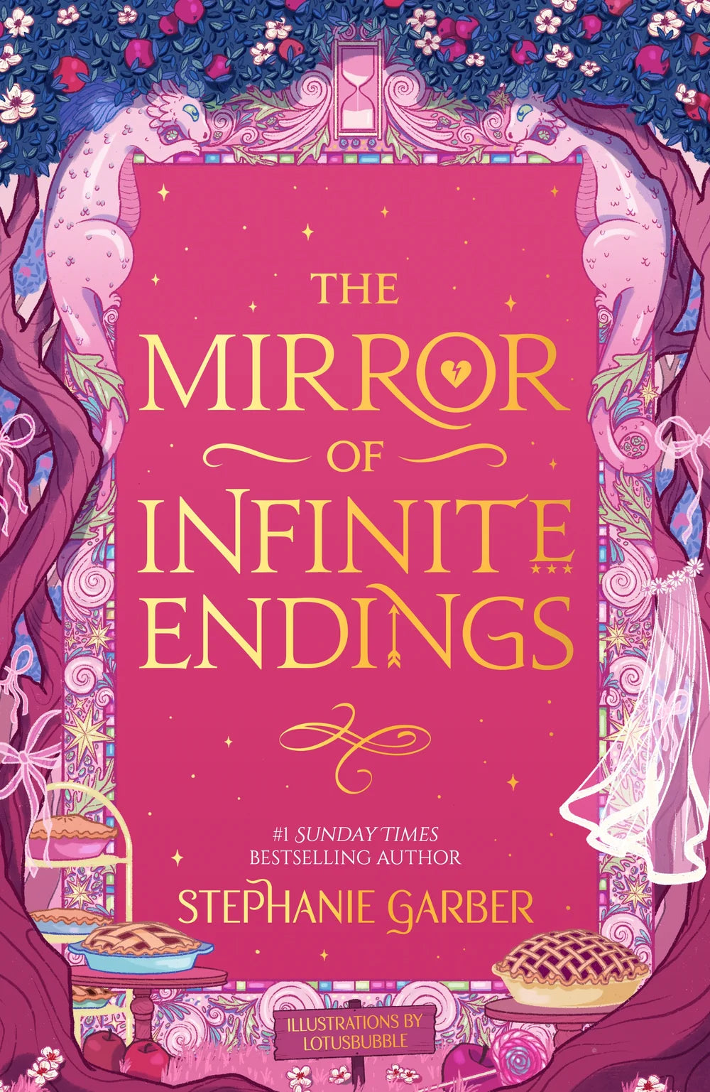 Livro de capa dura com capa roxa e título dourado «The Mirror of Infinite Endings»