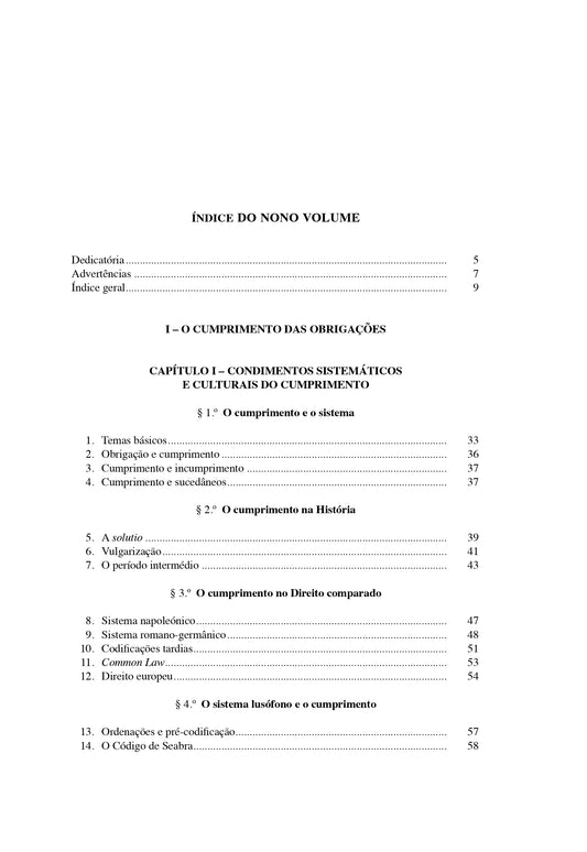 Página de índice do livro jurídico com capítulos sobre o cumprimento das obrigações.
