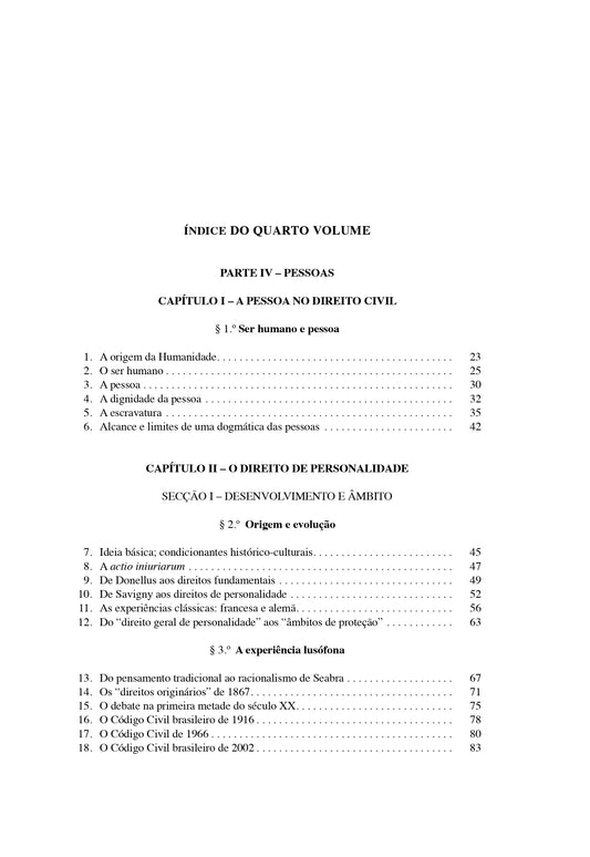 Página de índice do quarto volume: pessoas e direito de personalidade
