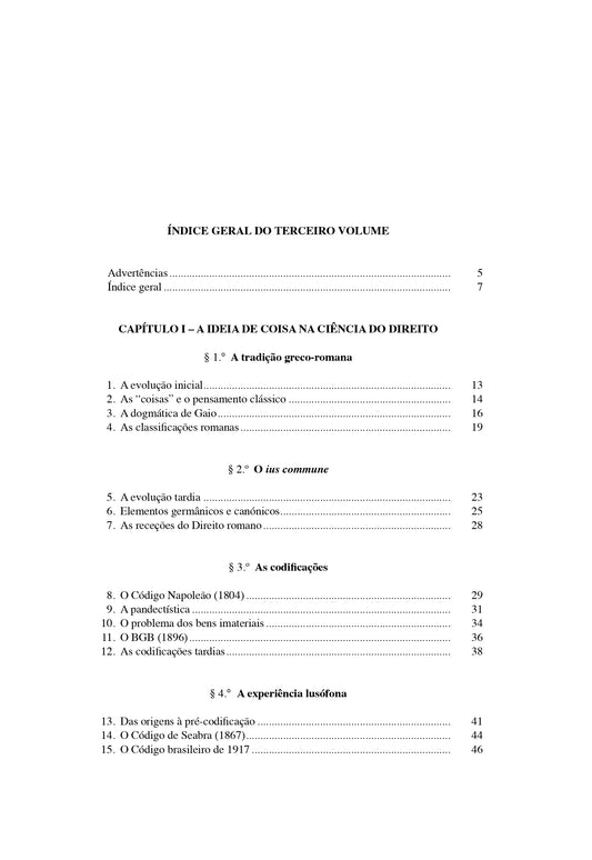 Livro de Direito Civil III: índice geral do terceiro volume, capítulos e páginas