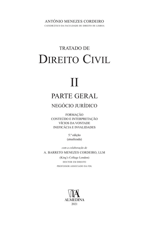 Contracapa do livro 'Tratado de Direito Civil II', Parte Geral, Almedina, 2021