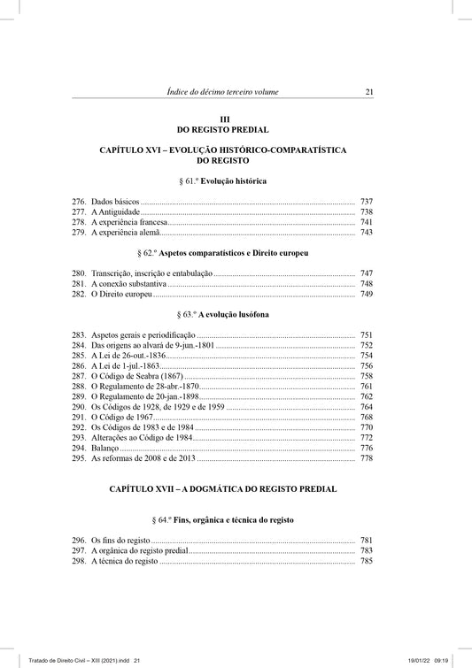 Página do índice do registo predial, com títulos e numeração de secções