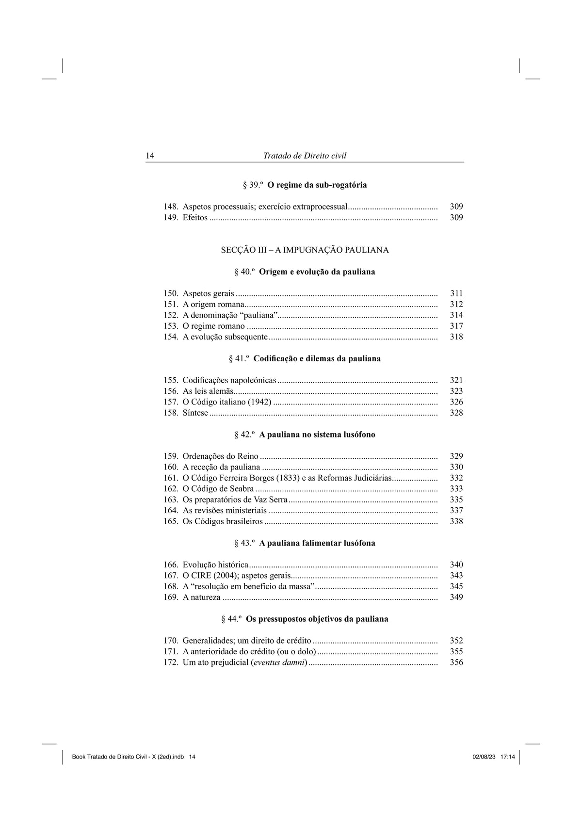 Página do índice do livro, com secções e itens sobre garantias e explicações.