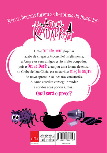 Livro infantil Anna Kadabra: A Feira das Sombras, capa rosa com bruxa e aranha