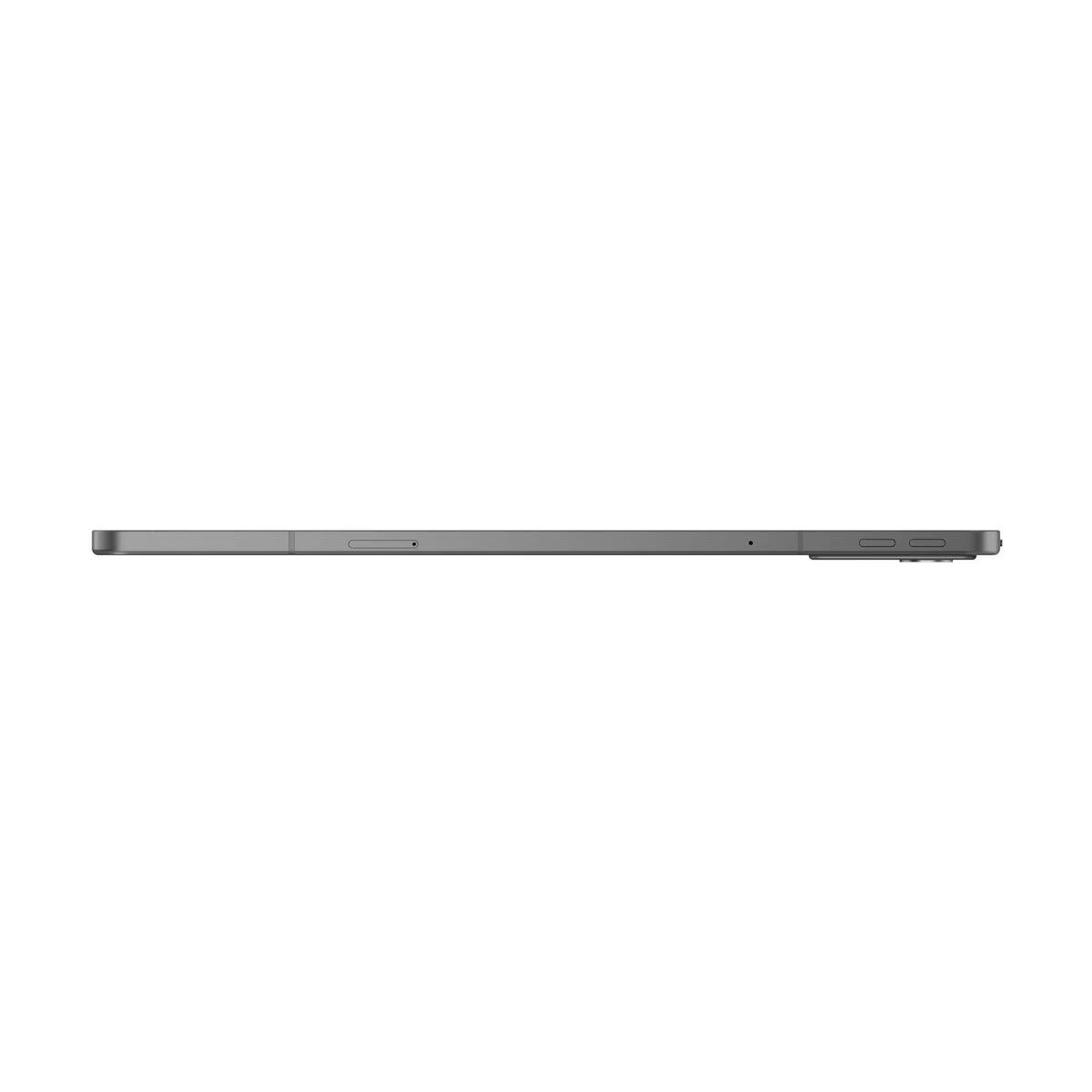 Tablet de 11" cinzenta, vista lateral com botões e portas