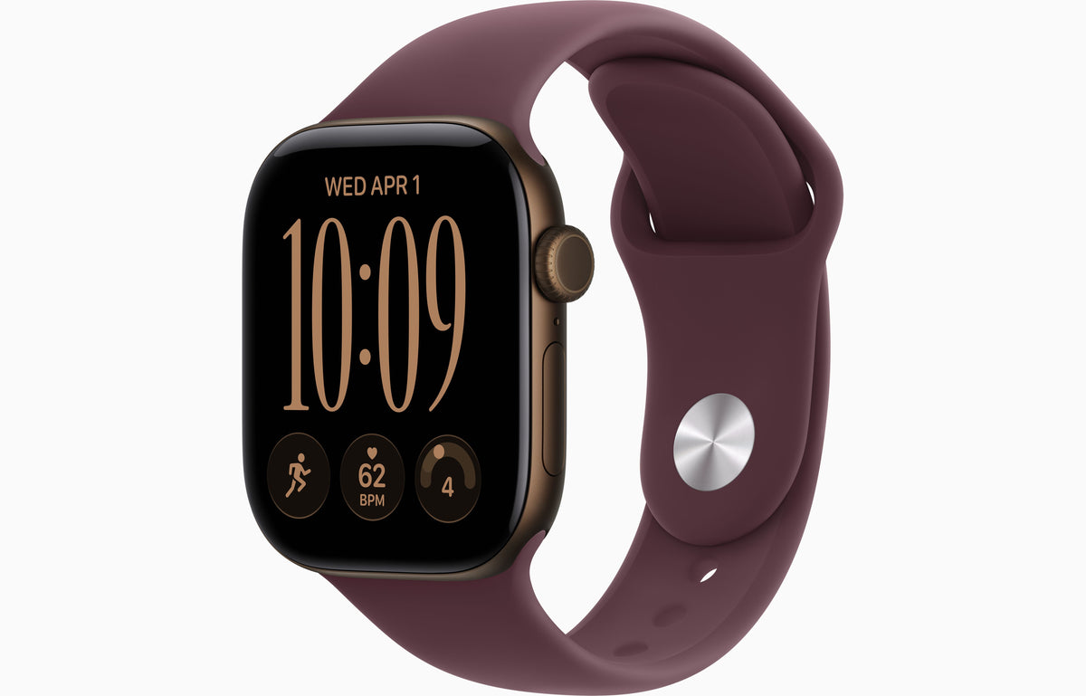 Apple Watch Series 12 GPS, Caixa em alumínio bronze escuro de 42 mm com Bracelete desportiva bordô - S/M