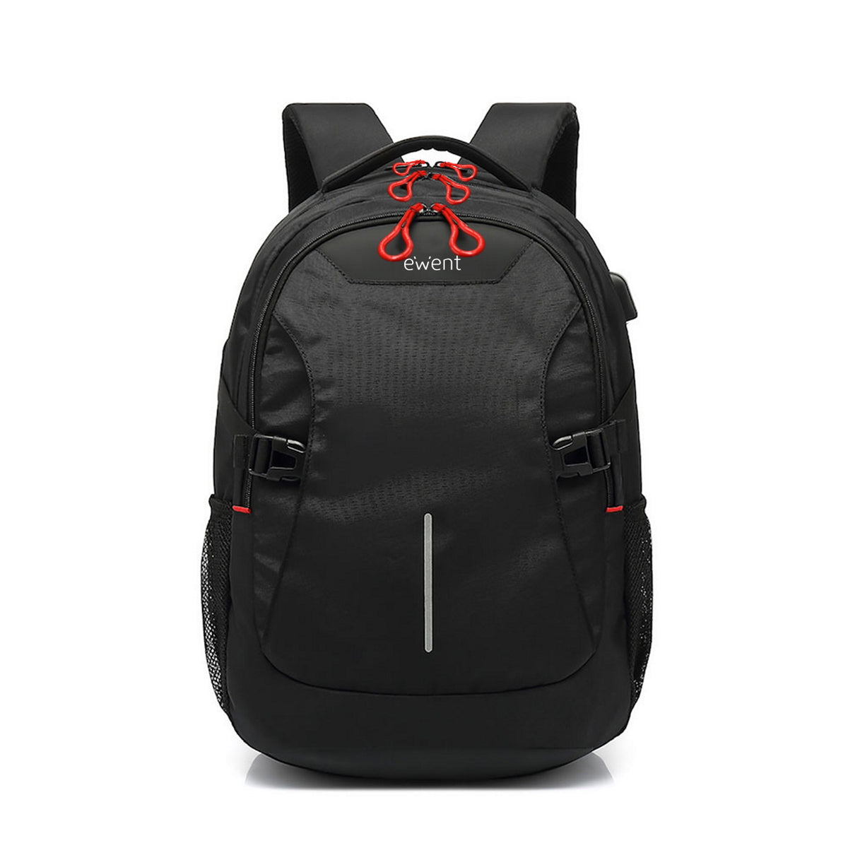 Mochila preta ewent com bolsos frontais e alças ajustáveis, pega superior