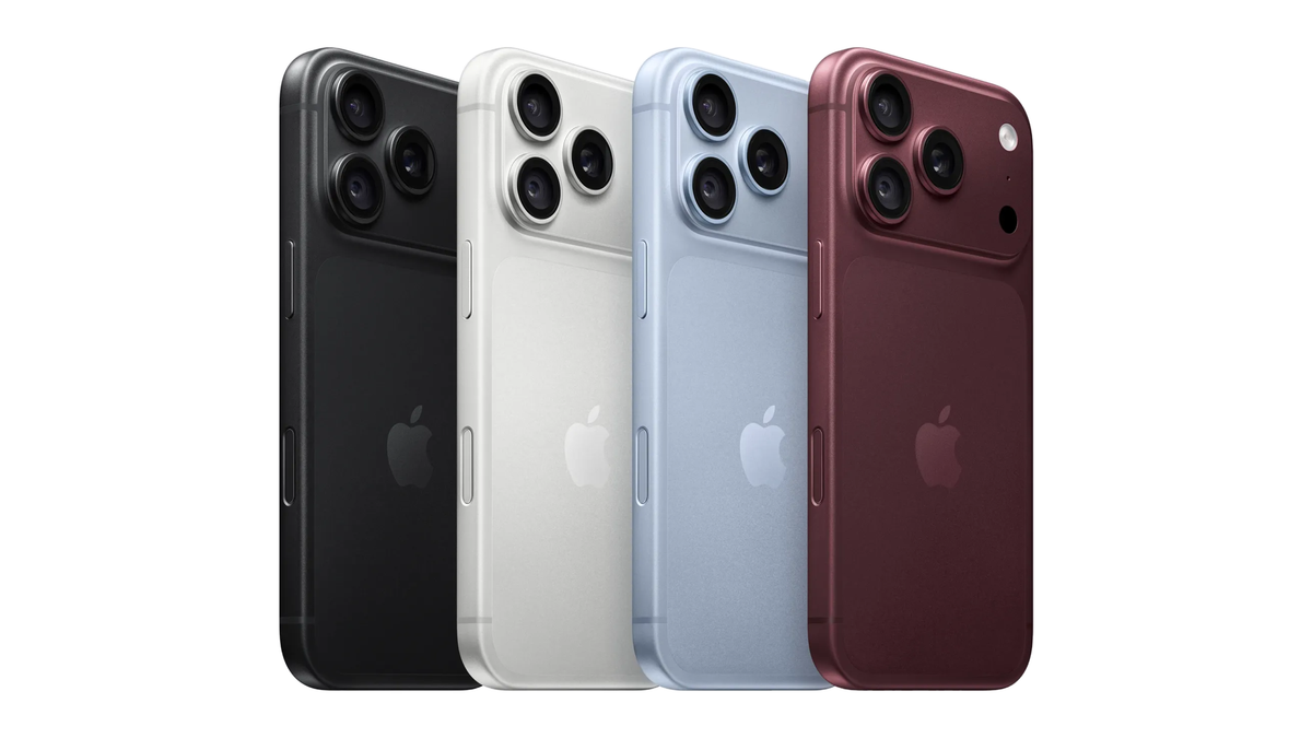 iPhone 18 Pro em quatro cores: preto, branco, azul e bordô, traseira com câmaras