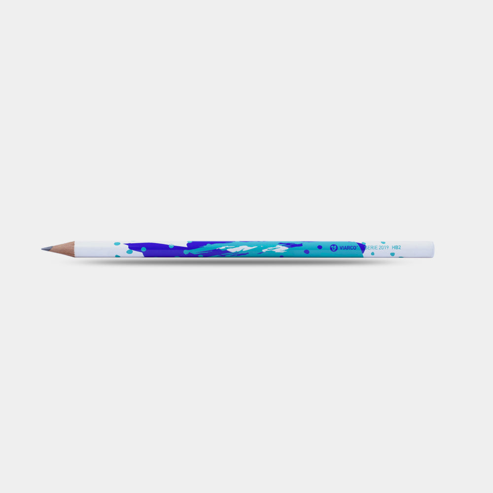 Lápis de grafite Viarco HB, corpo branco com faixa azul e roxo em padrão manchado