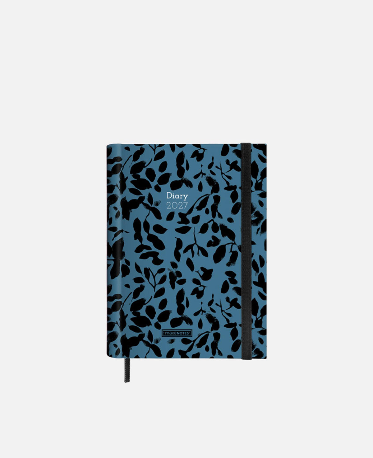 Agenda A5 12 meses 2027 azul petróleo, capa com padrão de folhas e marcador preto