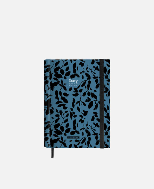 Agenda A5 12 meses 2027 azul petróleo, capa com padrão de folhas e marcador preto