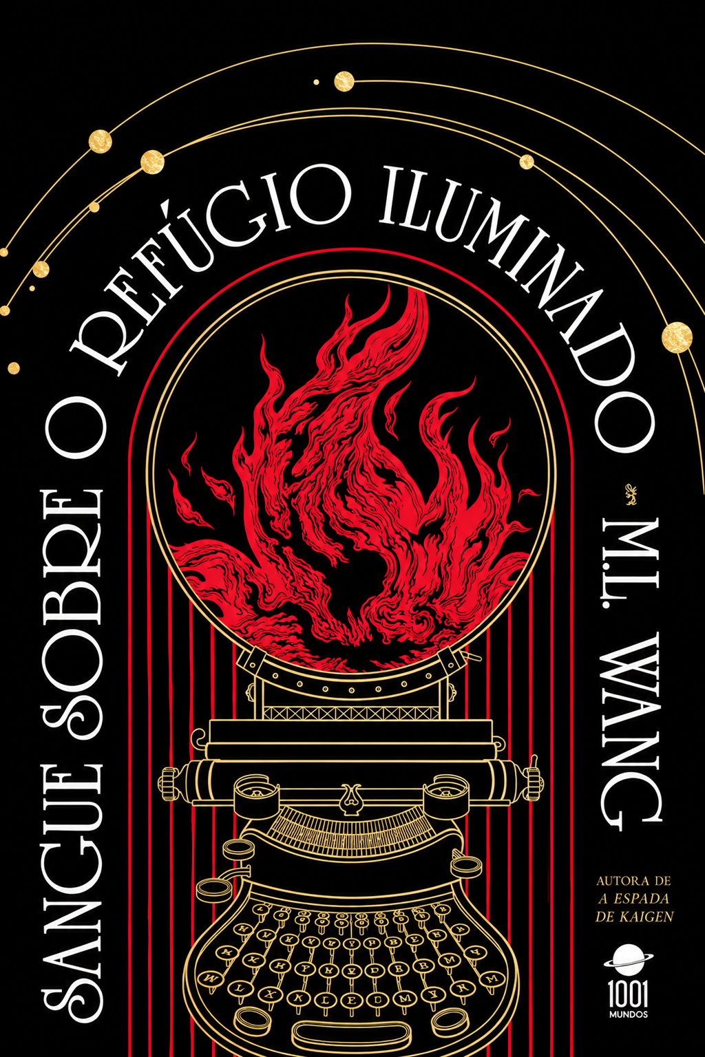 Capa de livro preta com chama vermelha em círculo e máquina de escrever dourada