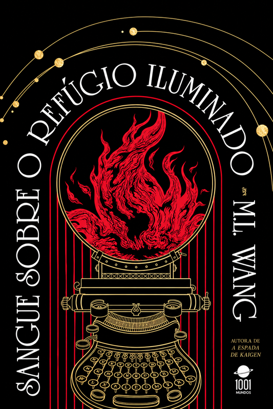 Capa de livro preta com chama vermelha em círculo e máquina de escrever dourada