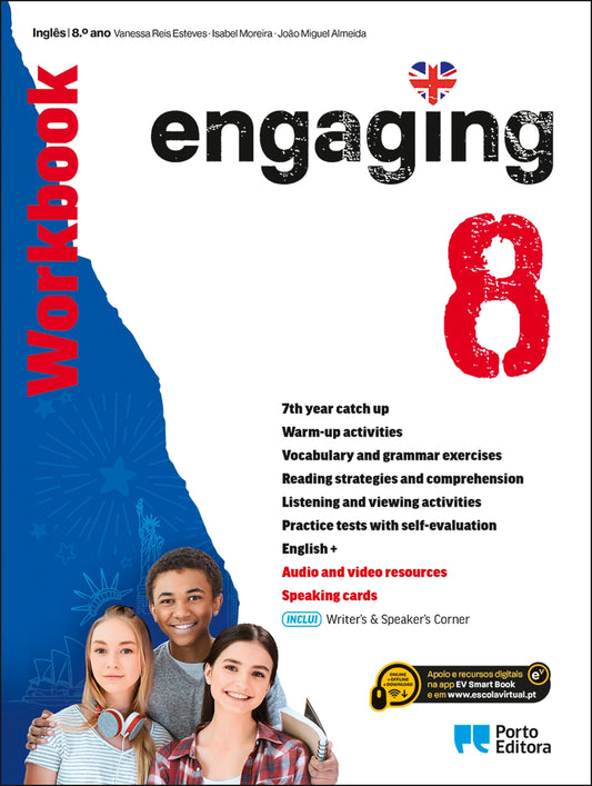 Caderno de atividades de Inglês do 8.º ano, capa com título Engaging e três alunos