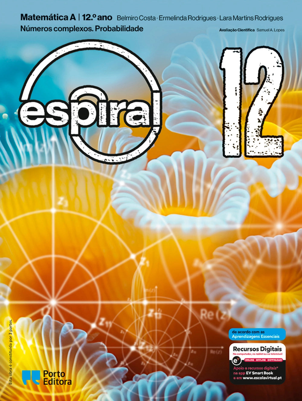 Manual escolar de Matemática A, 12.º ano, capa espiral com números complexos e probabilidade