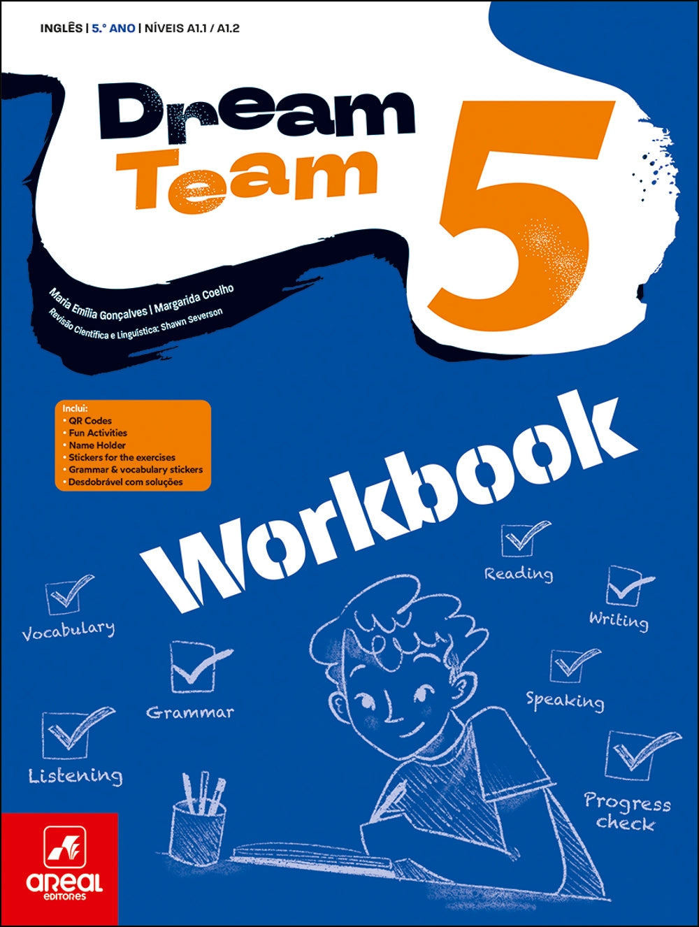 Capa de workbook inglês “Dream Team 5”, com aluno desenhado e número 5 grande