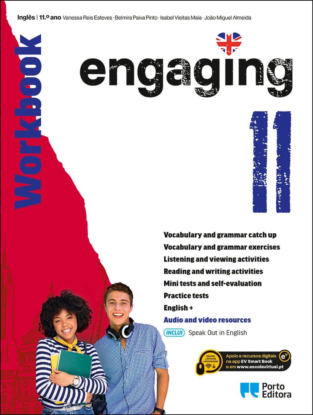 Livro de exercícios de Inglês do 11.º ano Engaging 11, capa com dois alunos