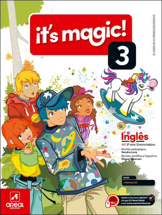 Livro didático Inglês 'It's magic!' 3, capa com personagens e unicórnio