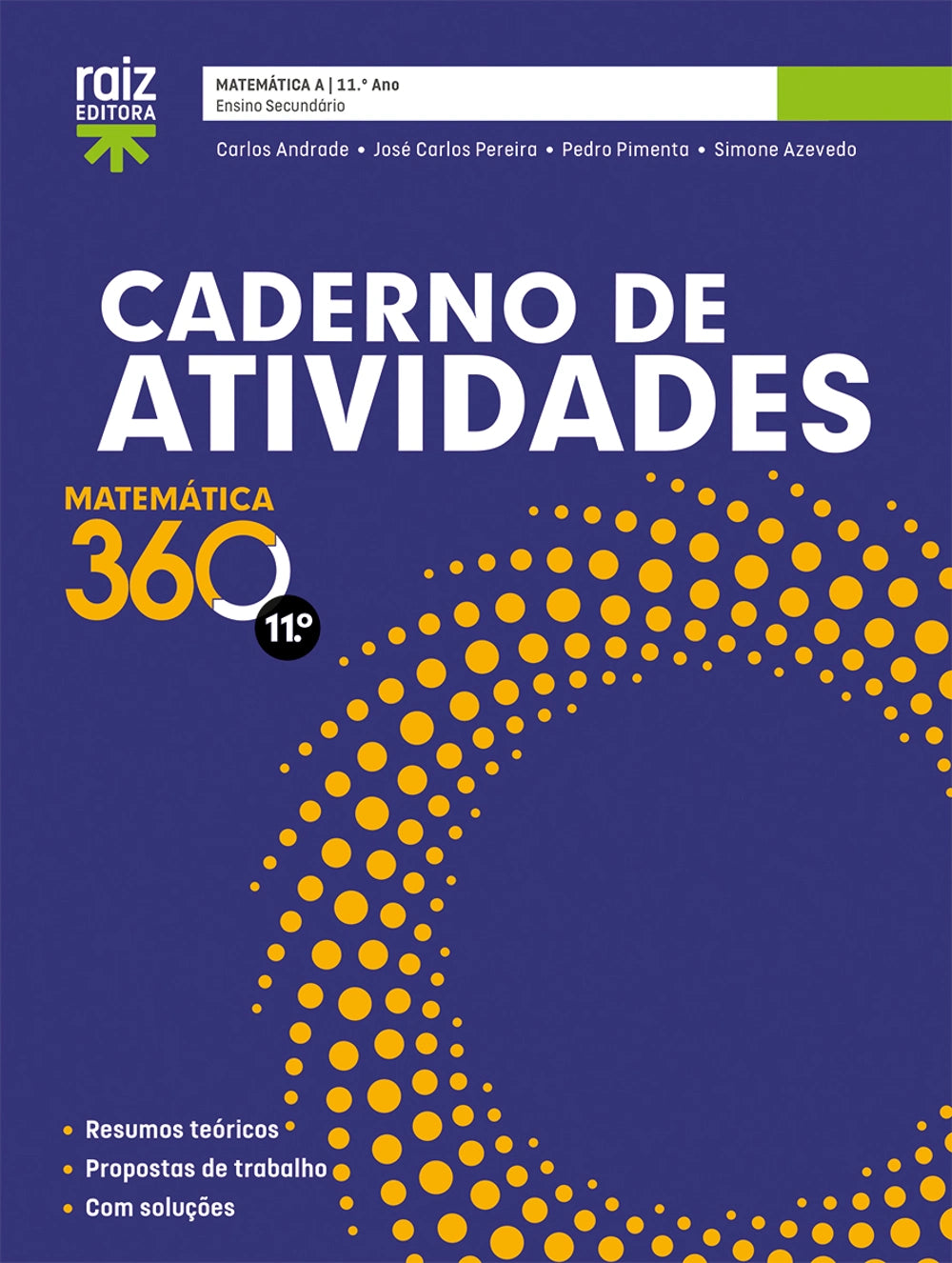 Caderno de atividades de Matemática A 11.º ano, capa roxa com padrão circular amarelo