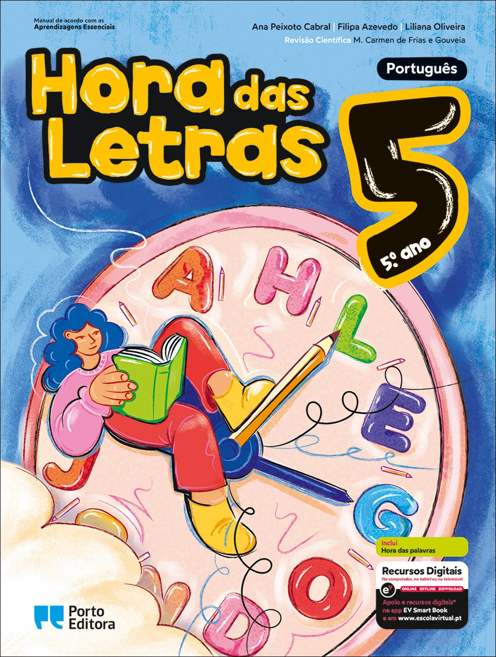 Manual de Português Hora das Letras 5.º ano, capa com criança a ler e letras coloridas.