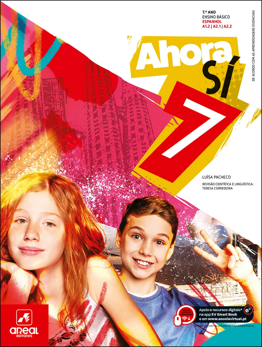 Livro Ahora Sí 7 de espanhol, capa com três alunos e ilustrações coloridas.