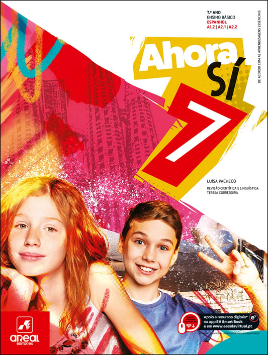 Livro Ahora Sí 7 de espanhol, capa com três alunos e ilustrações coloridas.