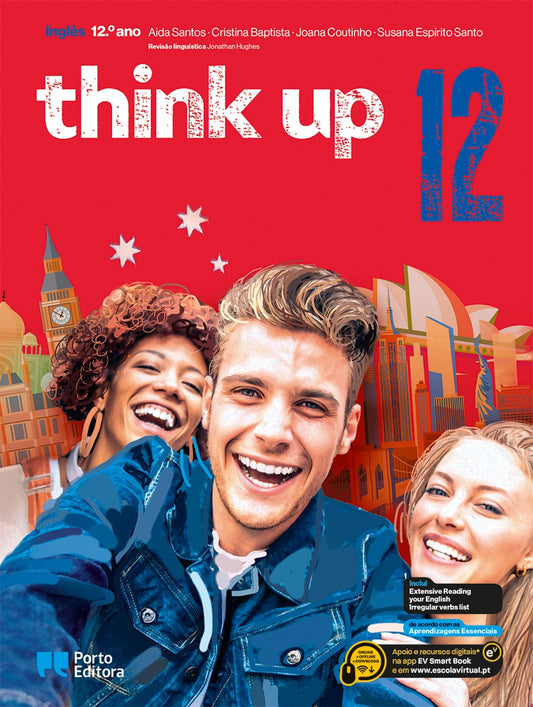 Manual escolar de inglês Think Up 12.º ano, capa vermelha com três jovens a sorrir.